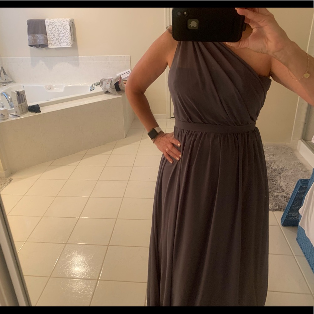 SOLD Long dress, one shoulder, gray.